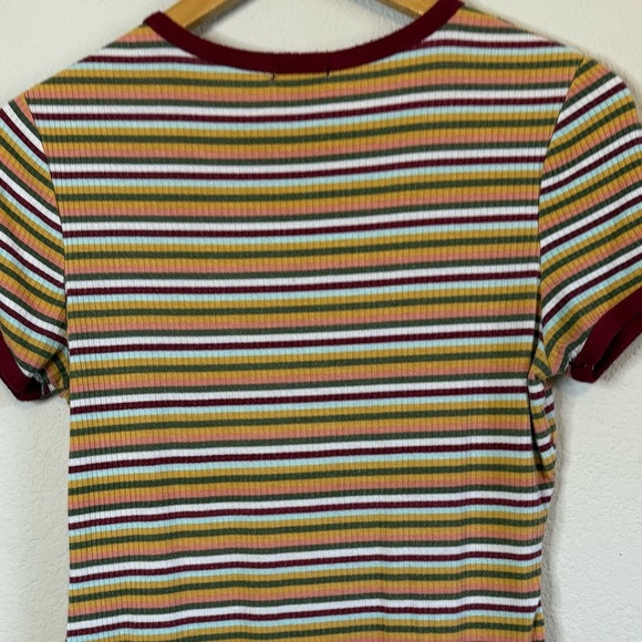Rue 21 Retro Maroon Stripe Short Sleeve Super Stretchy Y2K Casual Shirt Size MED - Picture 5 of 7